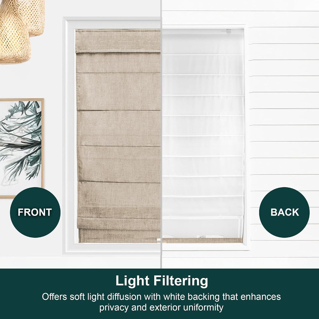 Cordless Roman Window Shade, Belgian Flax, 27"W x 64"H | Cordless Child-Safe, Room Darkening UV, Inside/Outside Mount