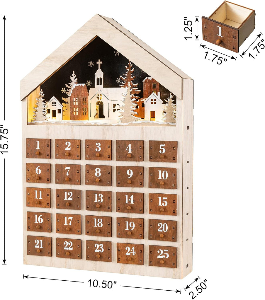 15.75"H Christmas Lighted Wooden Village Advent Calendar,Christmas Countdown Calendar with Drawers,Winter Village