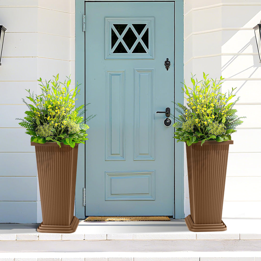 Set of 2 Tall Planters for Outdoor Plants, Brown Ribbed