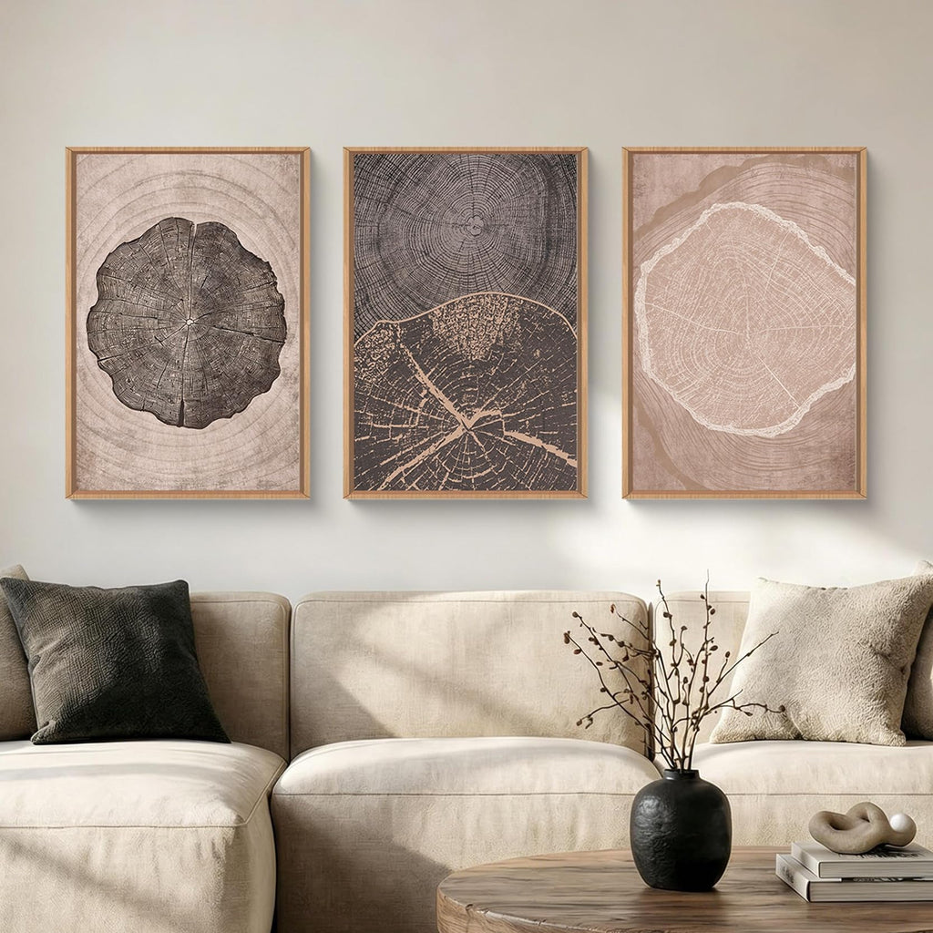 Tree Ring Abstract Neutral Brown Framed Canvas Wall Art Set, Mid Century Modern Black Gray Wood Stump Wall