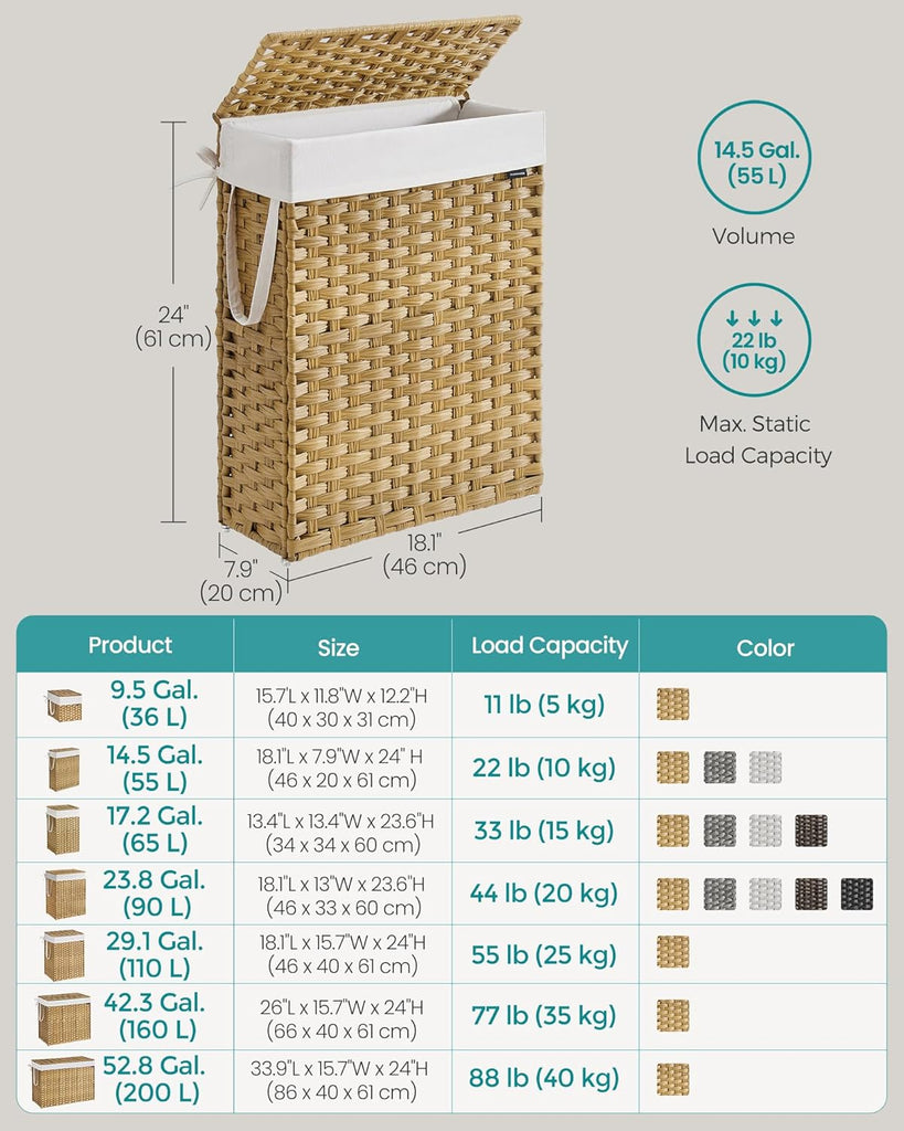 Slim Laundry Hamper with Lid, 14.5 Gallon (55L) Rattan Clothes Laundry Basket with Lid and Handles, Foldable