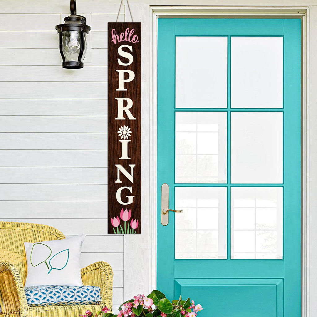 Hello Spring Wooden Porch Sign 47" Tulip Large Welcome Sign Vertical Indoor Outdoor Standing Sign For Garden Home