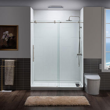 Frameless Sliding Shower, 56"-60" Width, 76" Height, 3/8" (10 mm) Clear Tempered Glass, Brushed Nickel Finish
