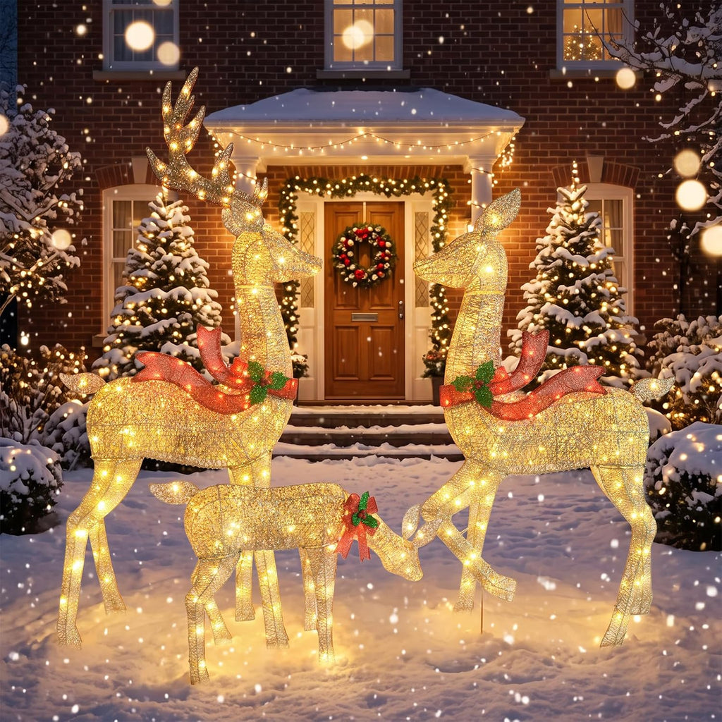 5.2FT Animatronic Christmas Reindeer Family Set - 3Pcs Large Lighted Christmas Deer with 300 LEDs & 3 Motors, Moving