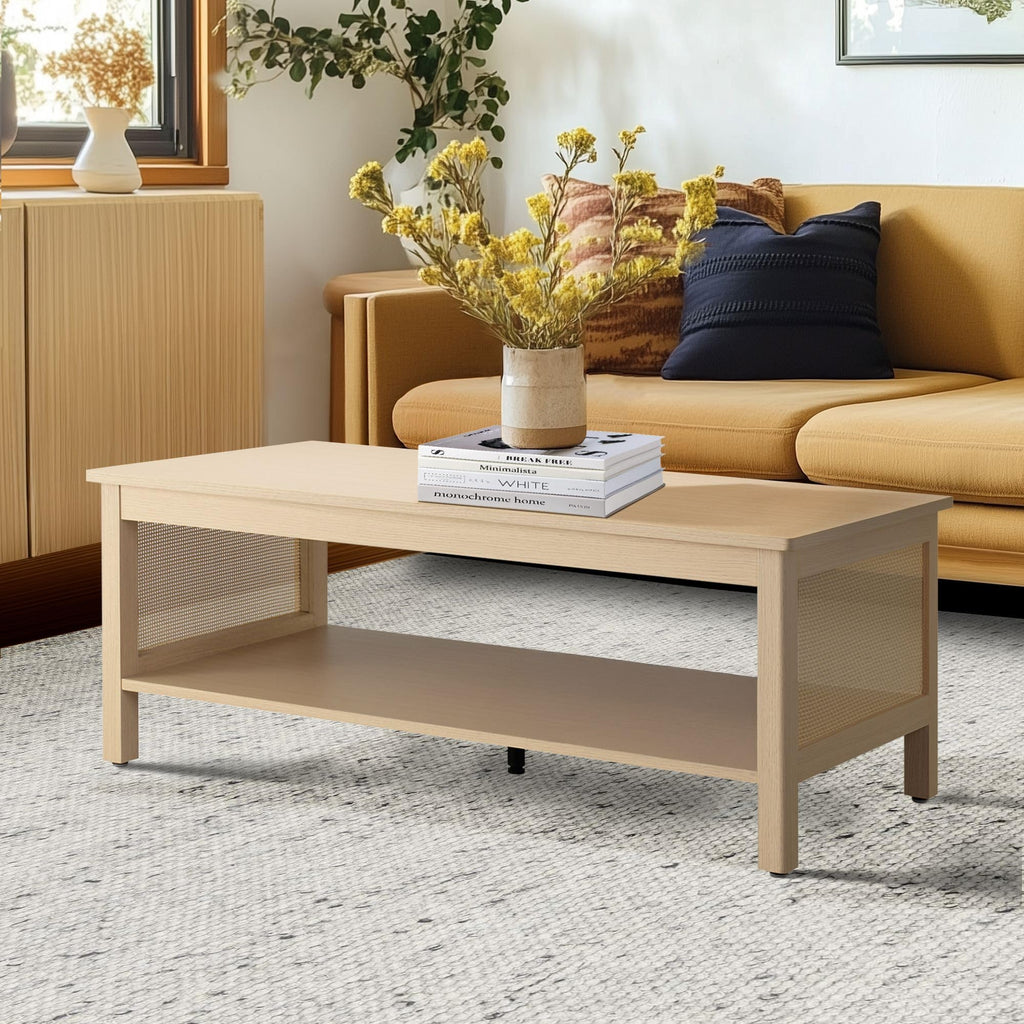 Handcrafted Rattan Decorative Coffee Table, Modern Farmhouse Style Center Table with Storage Shelf, Easy Assembly