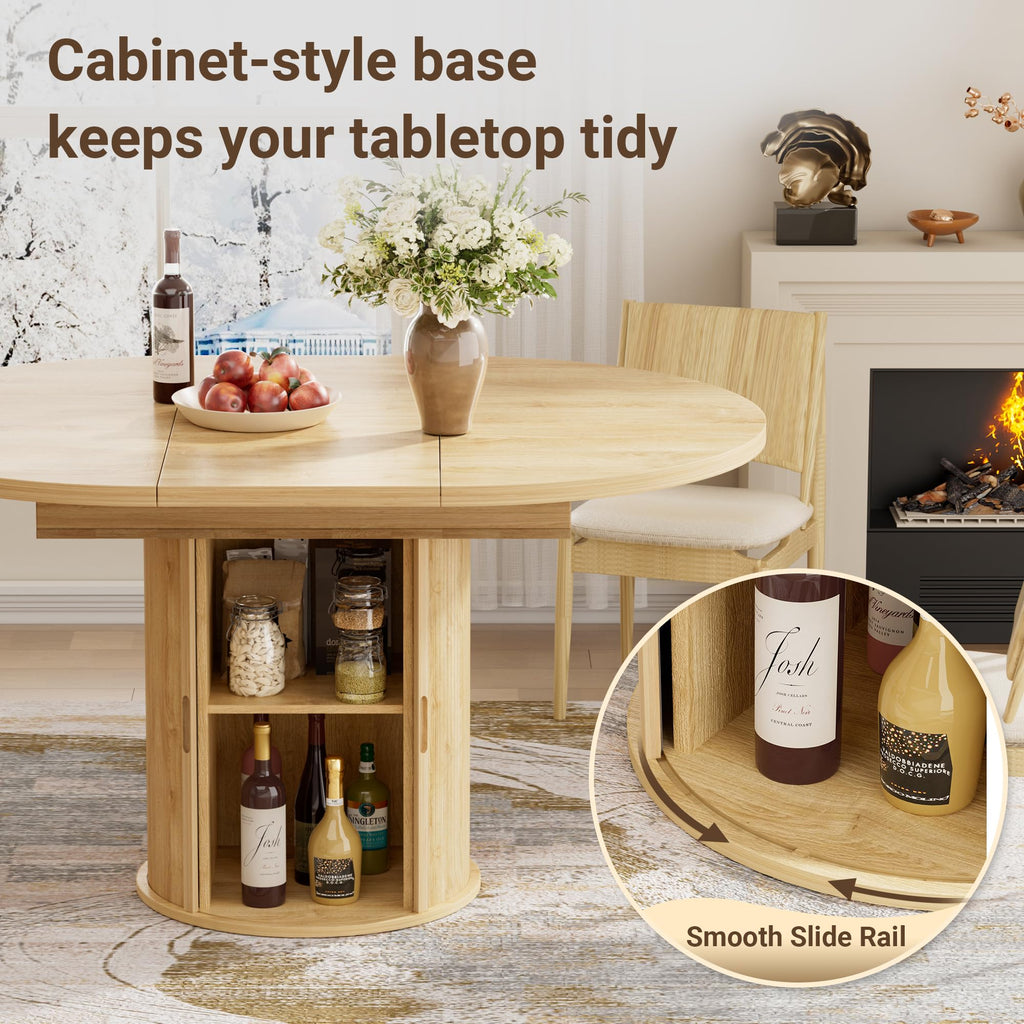 40''-55'' Extendable Round to Oval Dining Table with Storage for 4-6, Expandable Pedestal Transformer Dining Table
