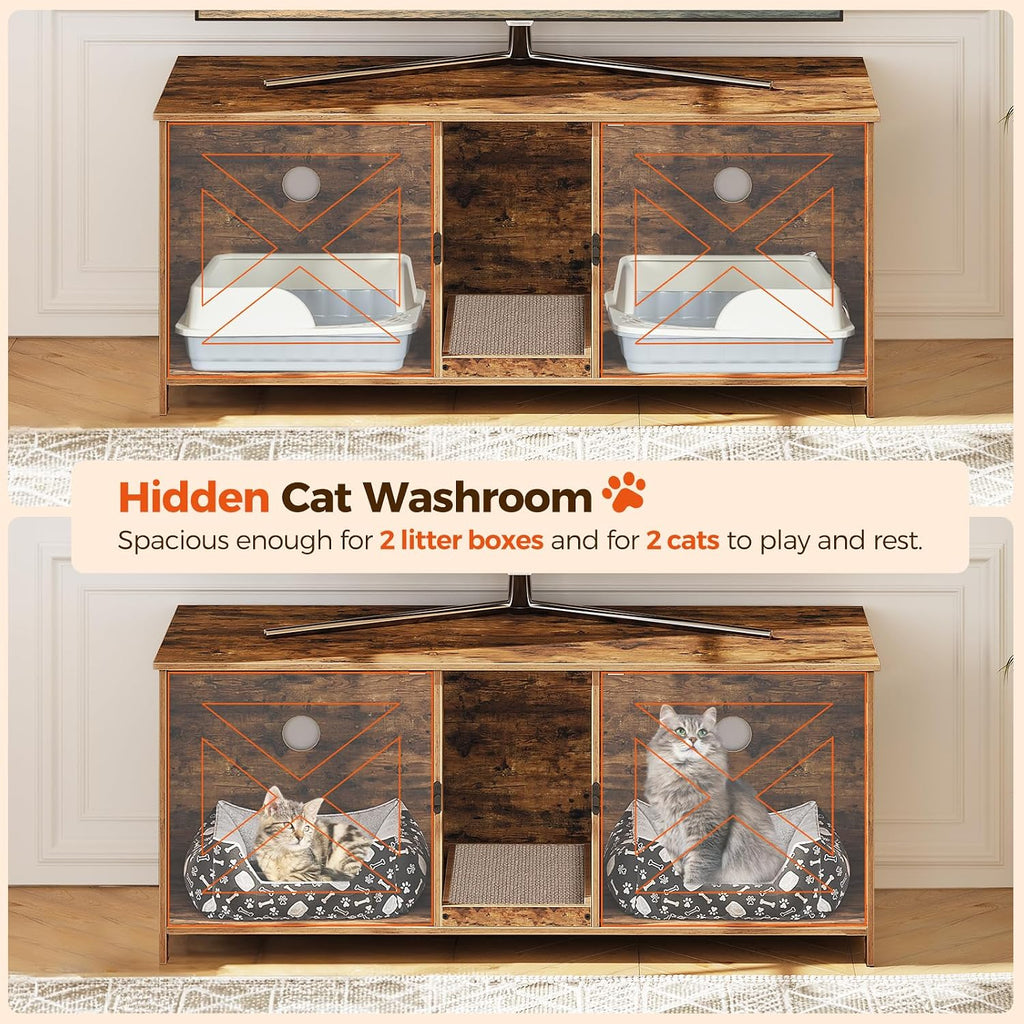 Cat Litter Box Enclosure for 2 Cats, 47.2" Hidden Litter Box Furniture with Double Room, Wooden Cat Washroom