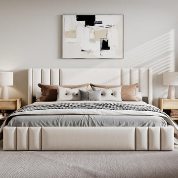 Floor Upholstered Bed Frame with Wingback Headboard