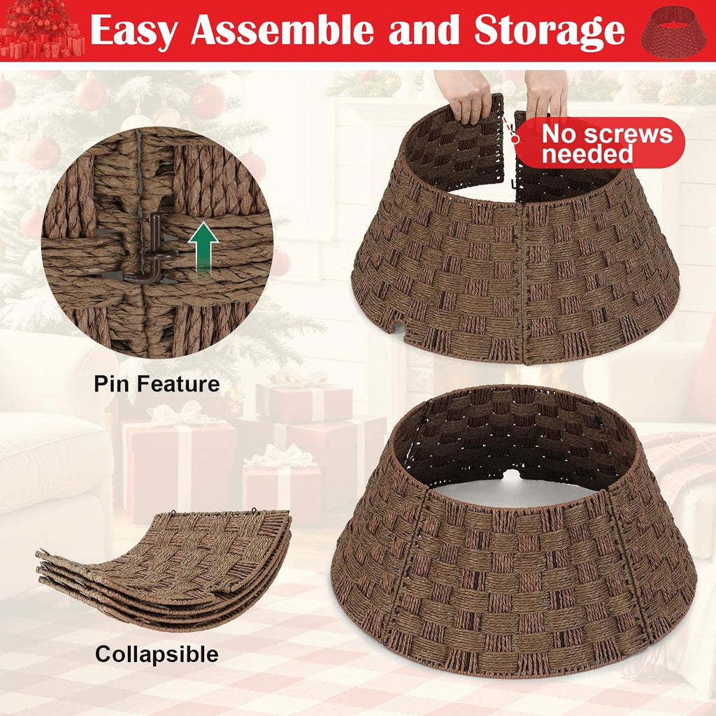 24inch Rattan Tree Collar, Brown Woven Rustic Christmas Tree Collar, Paper Rope Farmhouse Basket Tree Base Cover with
