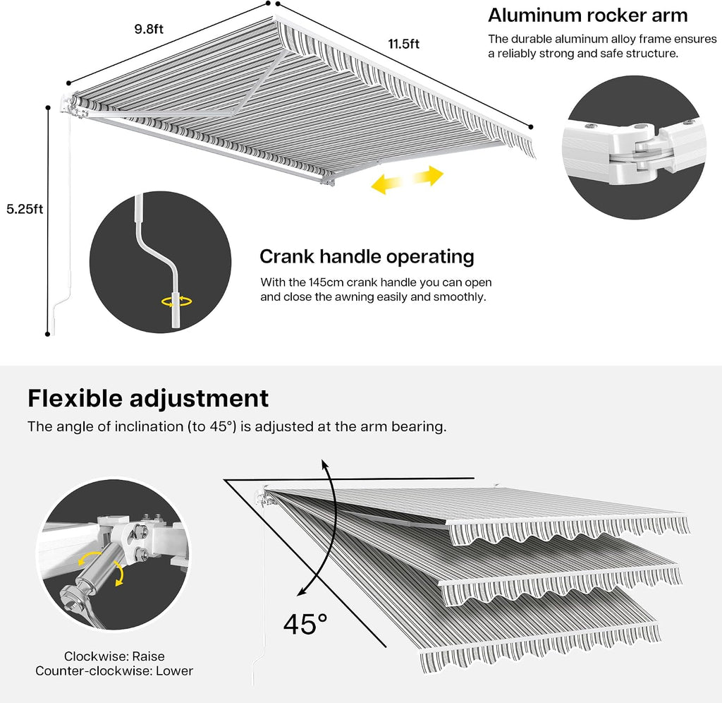 Retractable Patio Awning 11.5'×9.8', Grey with White Strip | Fully Assembled Retractable Balcony Awning, 280G