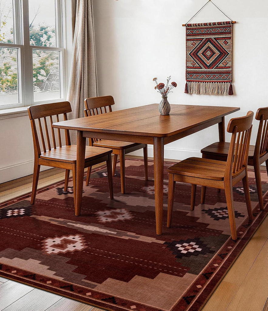 Washable Western Red Aztec Area Rug