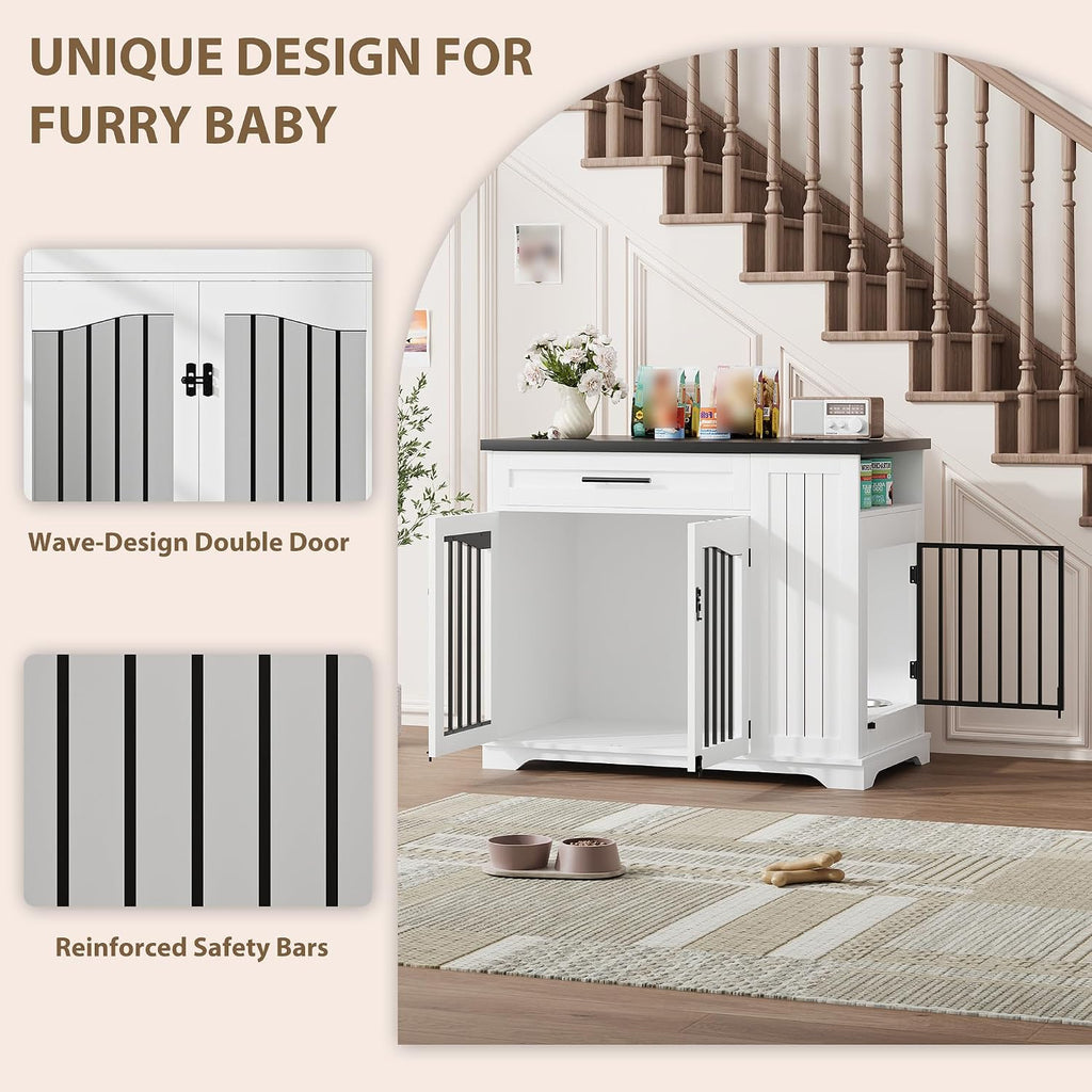 44 Inch Heavy Duty Wooden Dog Crate Furniture with Drawer & Side Storage - Indoor Dog Kennel Furniture with Double