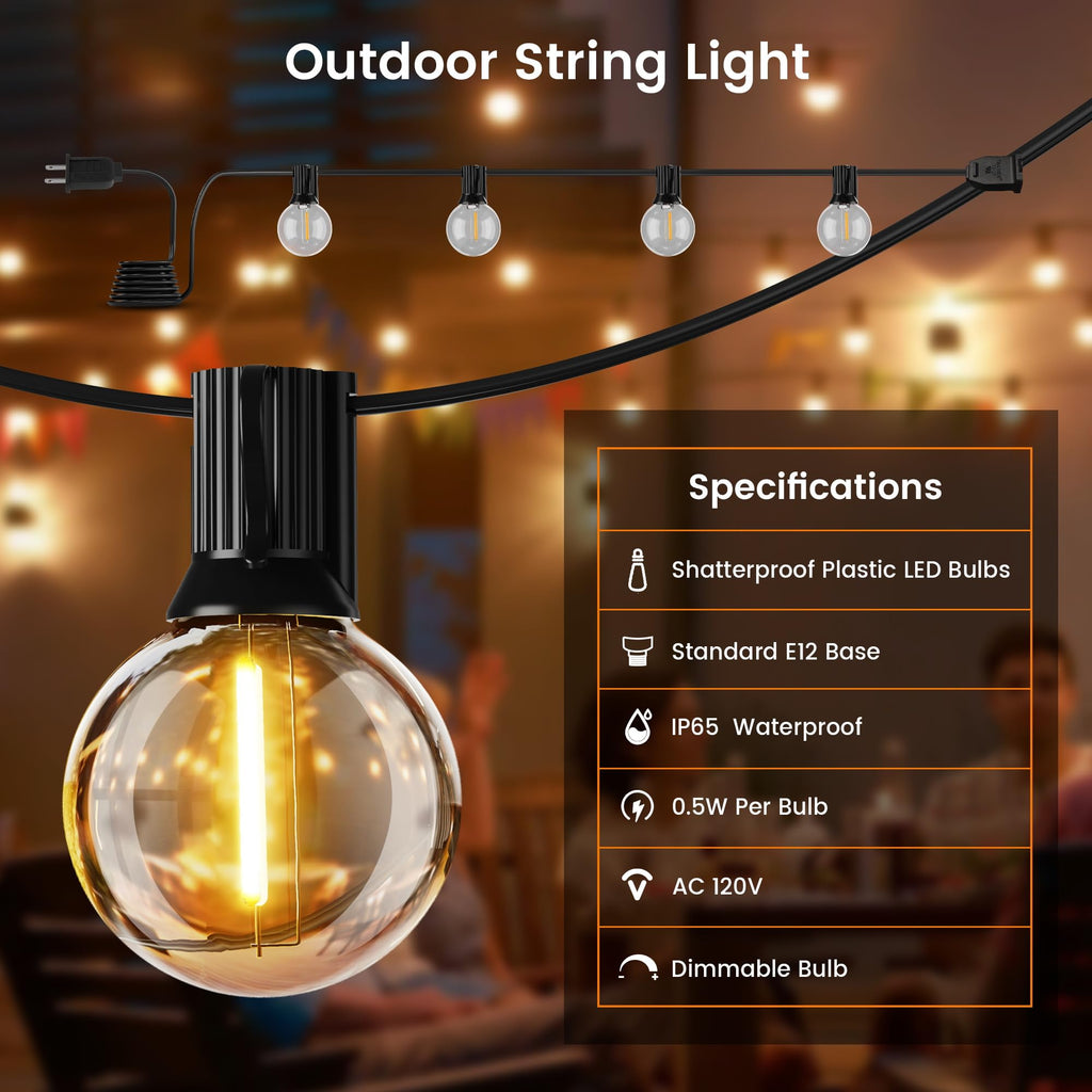 Outdoor String Lights, LED Patio Lights with 82 Dimmable Plastic G40 Globe Bulbs 2 Spares, 2200K Waterproof