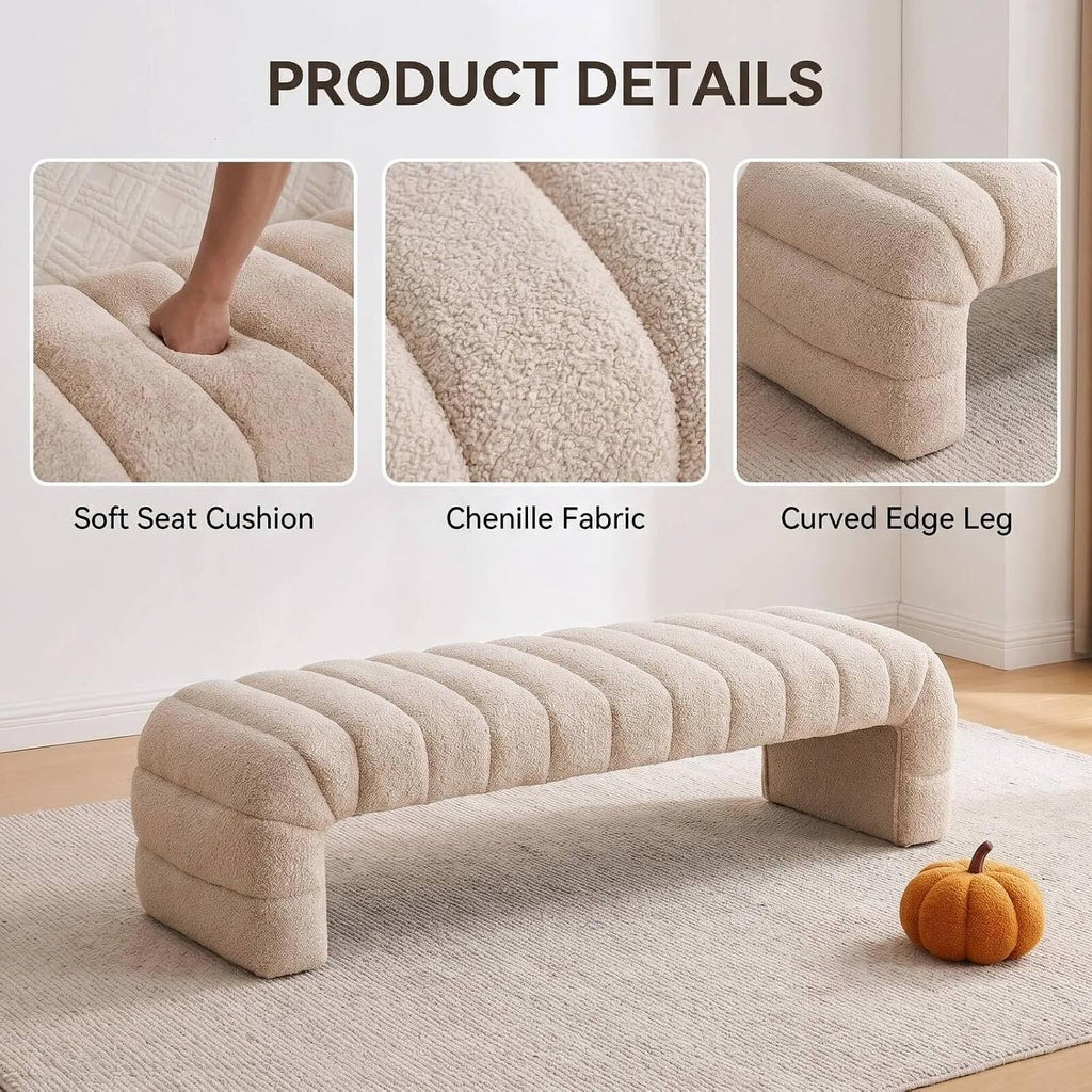 Arched Channel Tufted Chenille Bench, Ivory, 69.7 in | End of Bed Bench for King Size, Modern Upholstered Armless Bed