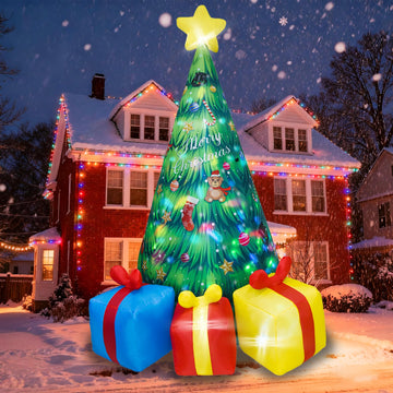 8FT Giant Christmas Inflatable Tree with Rotating LED Lights Inside, Animated Blow Up Xmas Tree with 3 Gift Boxes