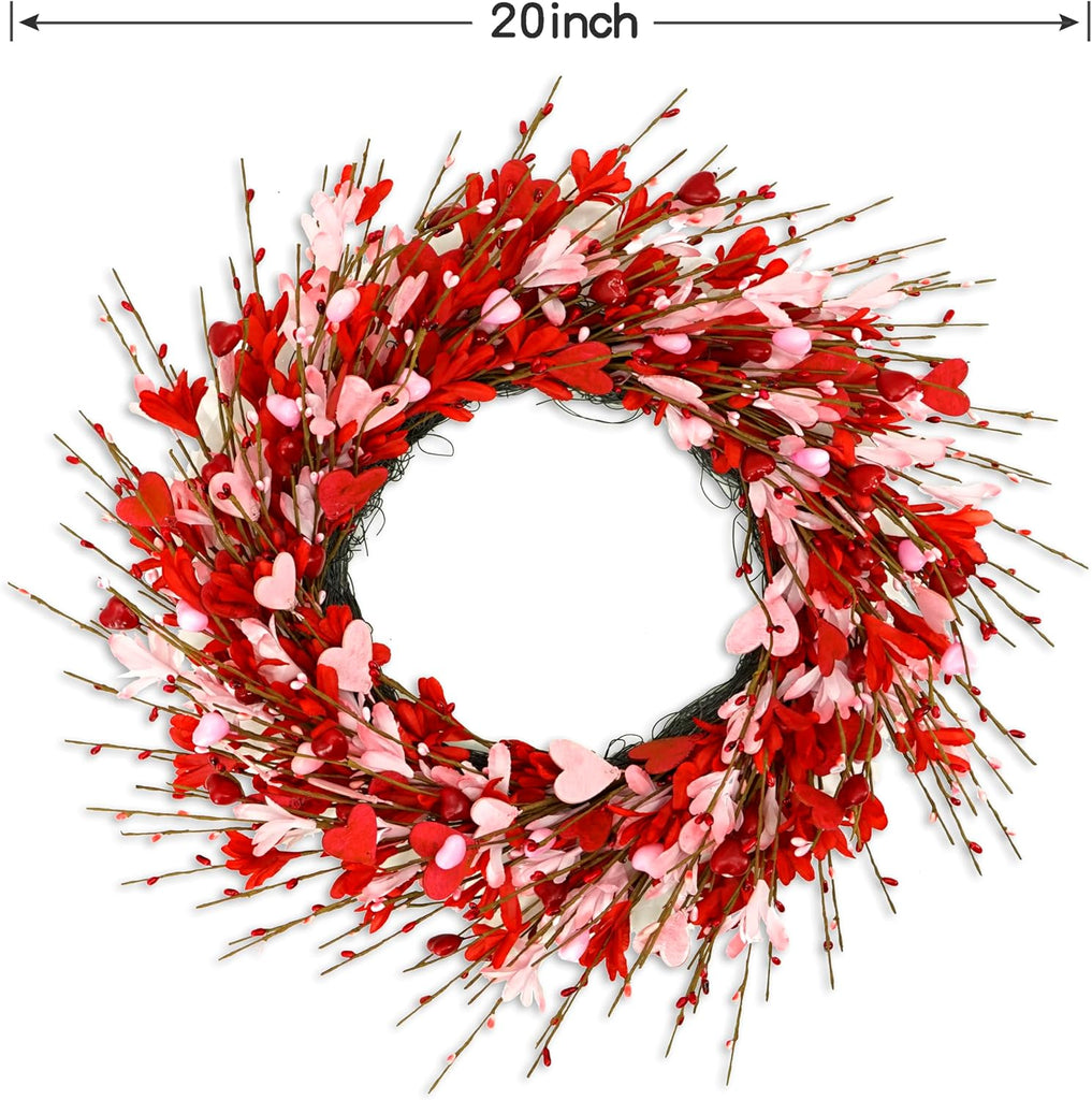 Valentine's Day Wreath for Front Door Valentine Wreath with forsythia Flowers,Pink and red Hearts Outdoor Wedding