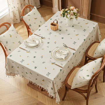 Boho Linen Blend Tablecloth 60 x 60 Inch, Beige Embroidered Daisy Floral Table Cover with Tassel Fringe, Soft