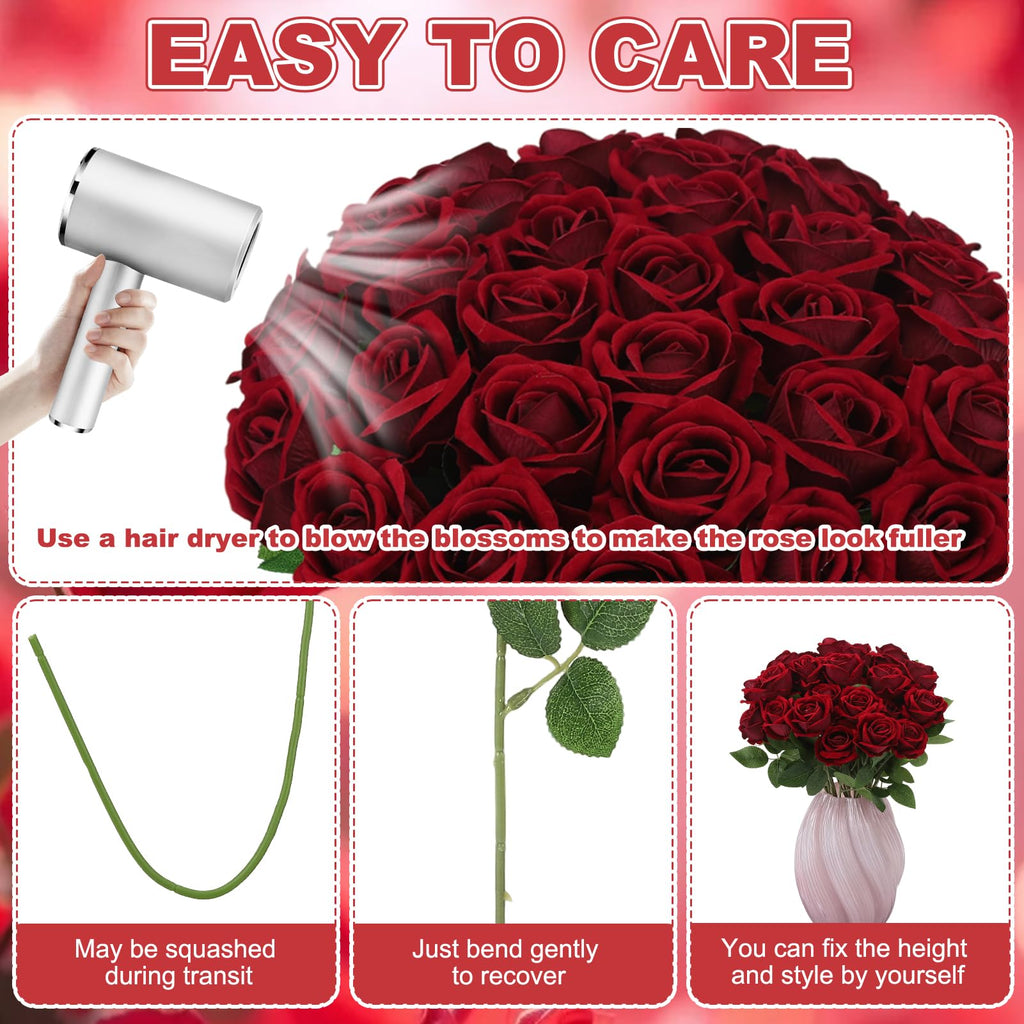 36 Pcs Velvet Texture Burgundy Artificial Flowers Bridal Bouquet