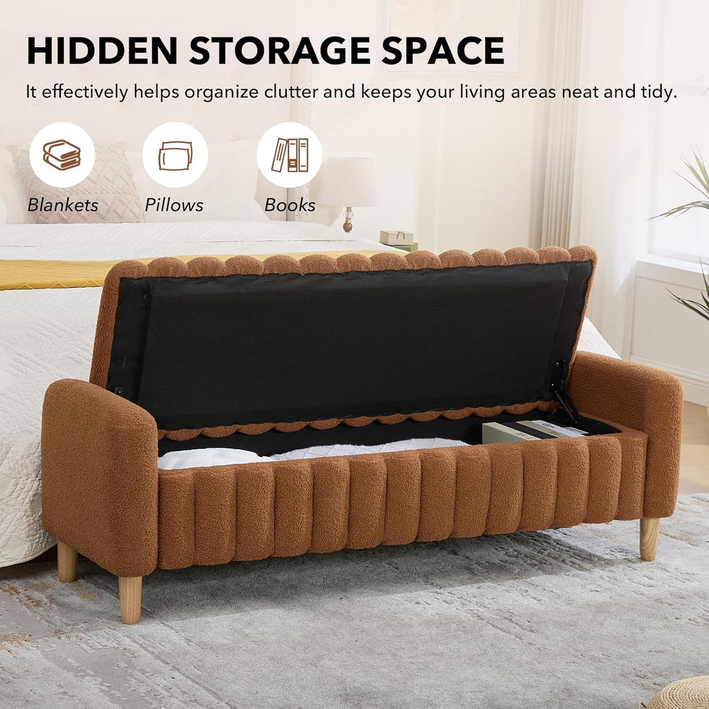 63.4" Storage Ottoman Bench, Flip-Top End of Bed Bench (Caramel) | Teddy Upholstered Entryway Bench, Channel Tufted