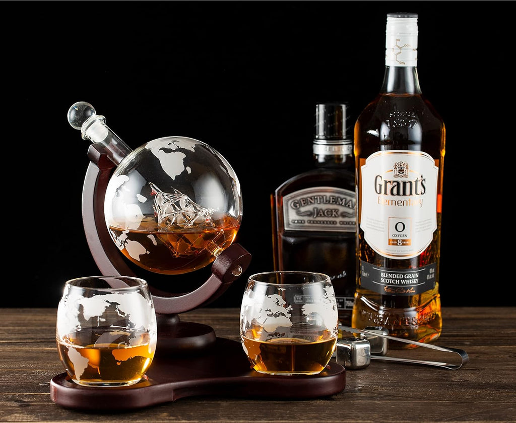 Whiskey Globe Decanter Set with 2 Glasses in Gift Box - Whiskey decanter for Liquor, Whiskey, Brandy, Gin, Rum