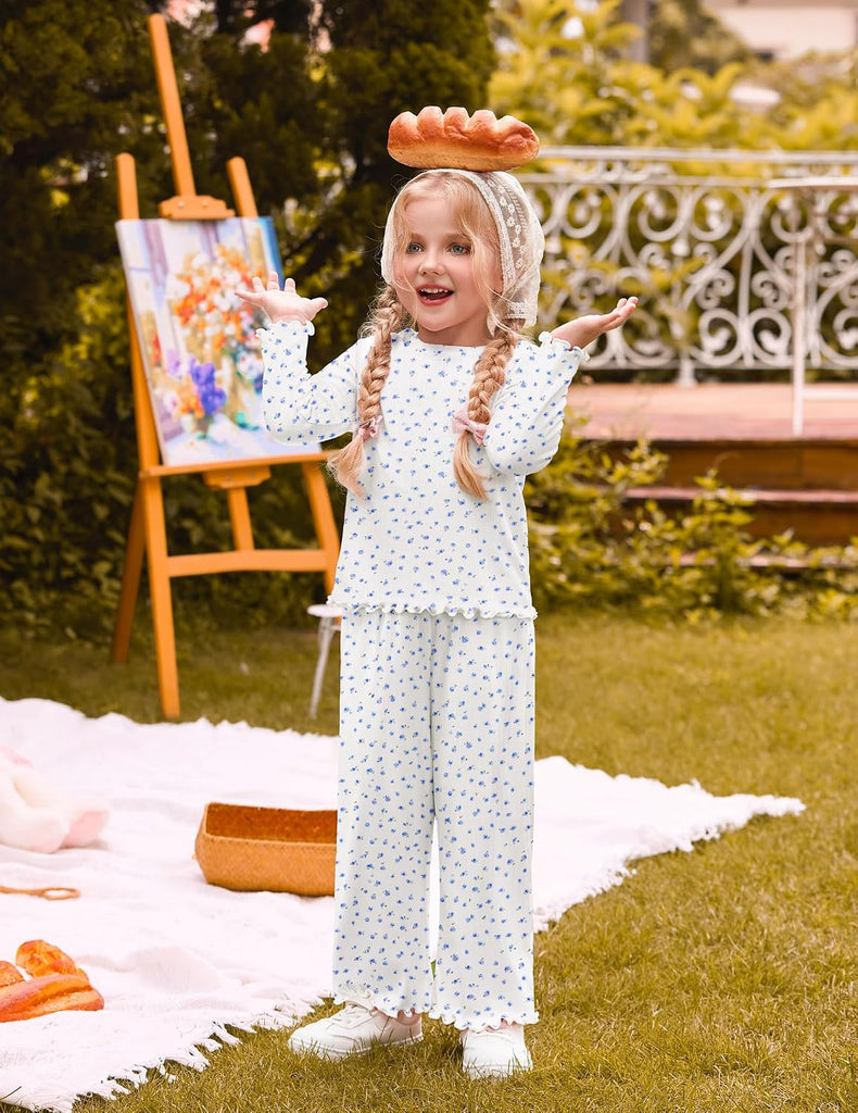 Toddler Girl Clothes Fall Outfit Ribbed Lettuce Trim Tops Pant Set