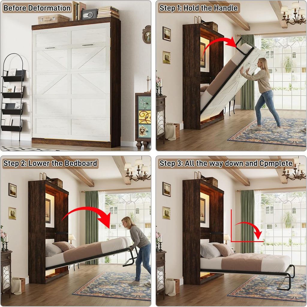 Queen Murphy Bed with 2 LED Lights, Farmhouse Wood Hidden Foldable Wall Bed Frame w/Gas Struts, Storage Bed Cabinet