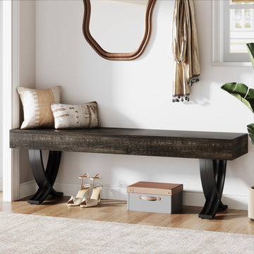 Entryway Shoe Bench, 55-Inch Wooden Shoe Bench with Metal X-Shaped Legs, Industrial Long End of Bed Stool with