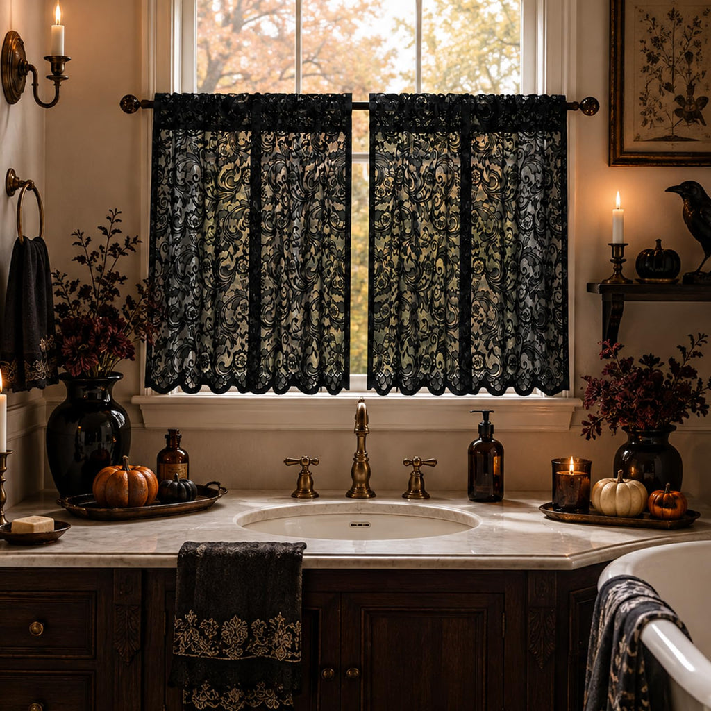 Lace Black Kitchen Curtains 36 inch Length Elegant Gothic Cafe Curtains Dark Sheer Short Tier Curtain Bedroom