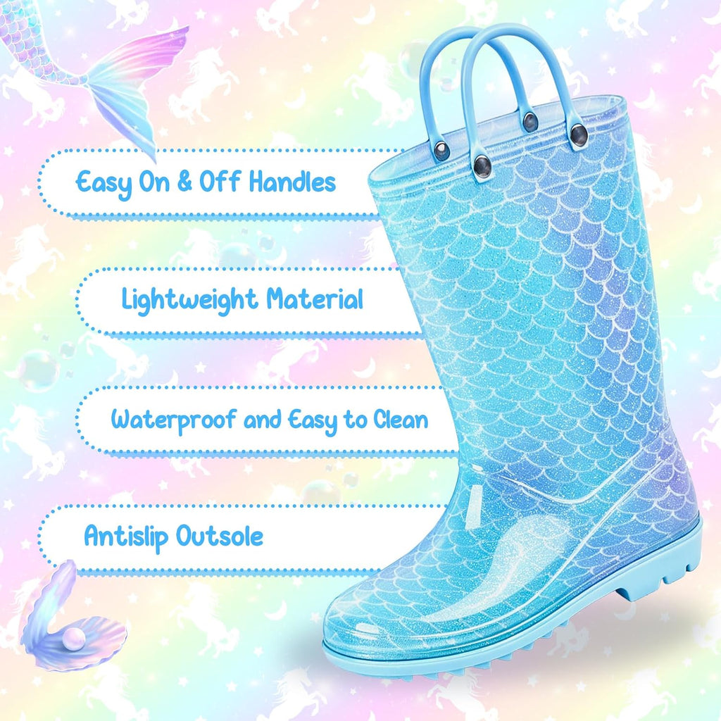 Toddler Rain Boots For Girls Waterproof Rainboots Little Girls Glitter Unicorn Rain Boots For Kids With Easy-On