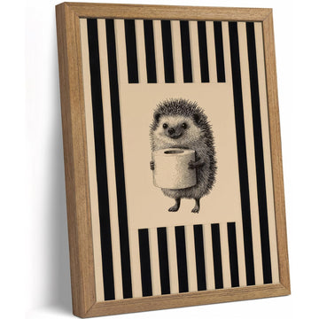 Funny Bathroom Wall Art Hedgehog Holding Toilet Paper Canvas Print, Vintage Black and White Striped Rustic Natural