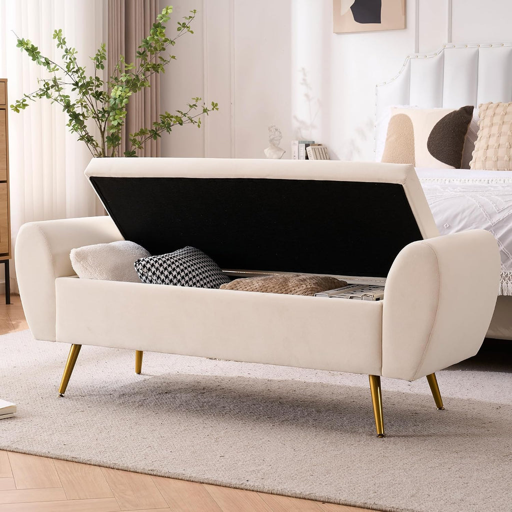 56" Storage Bench King Size Bed, Gold Legs, Velvet Ivory White | Long Ottoman, Modern End of Bed Bench, with Arm