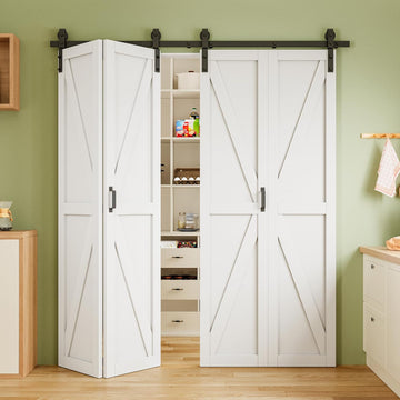 72" x 84" Pre-Assembled Solid Core Panels Bifold Barn Door, White Primed Finish Folding Barn Door wi