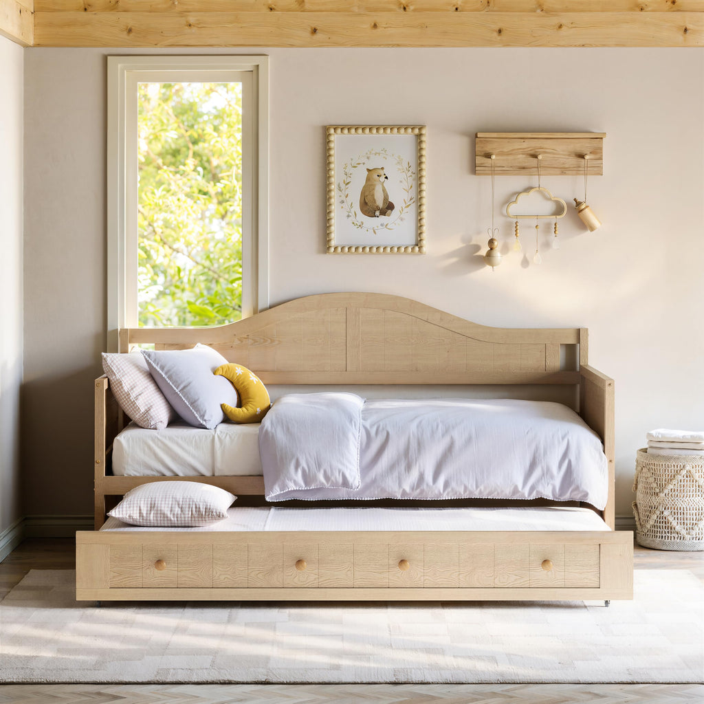 Twin Size Wood Daybed with Trundle, Mid-Century Modern Daybed with Curved Headboard, Twin Trundle Bed with Wood Slat
