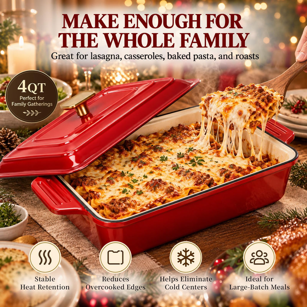 4 QT Enameled Cast Iron Casserole Dish with Lid, Rectangular Lasagna Pan