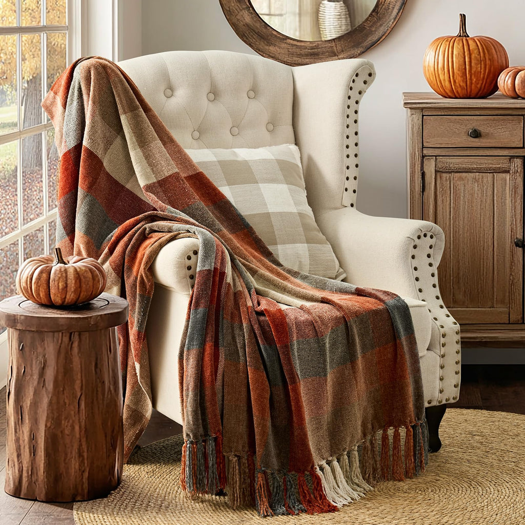 Plaid Chenille Fall Throw Blanket, 50"x60", Harvest Orange Plaid