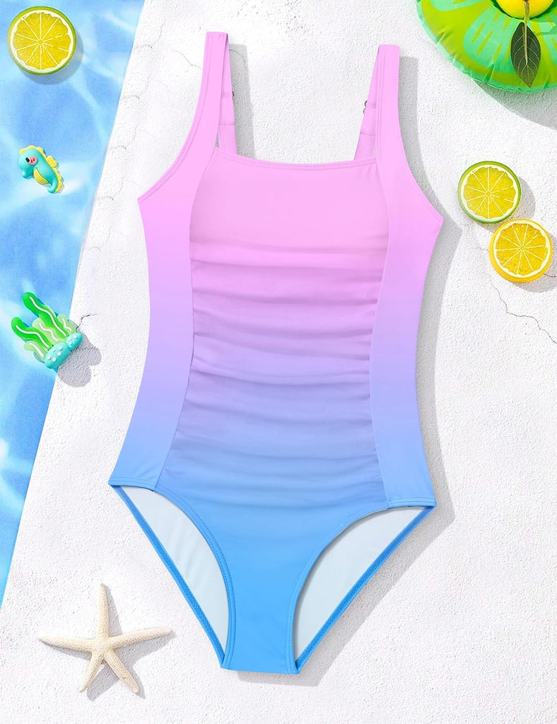 Girls Swimsuit One Piece Swimsuits Solid Square Neck Swimwear