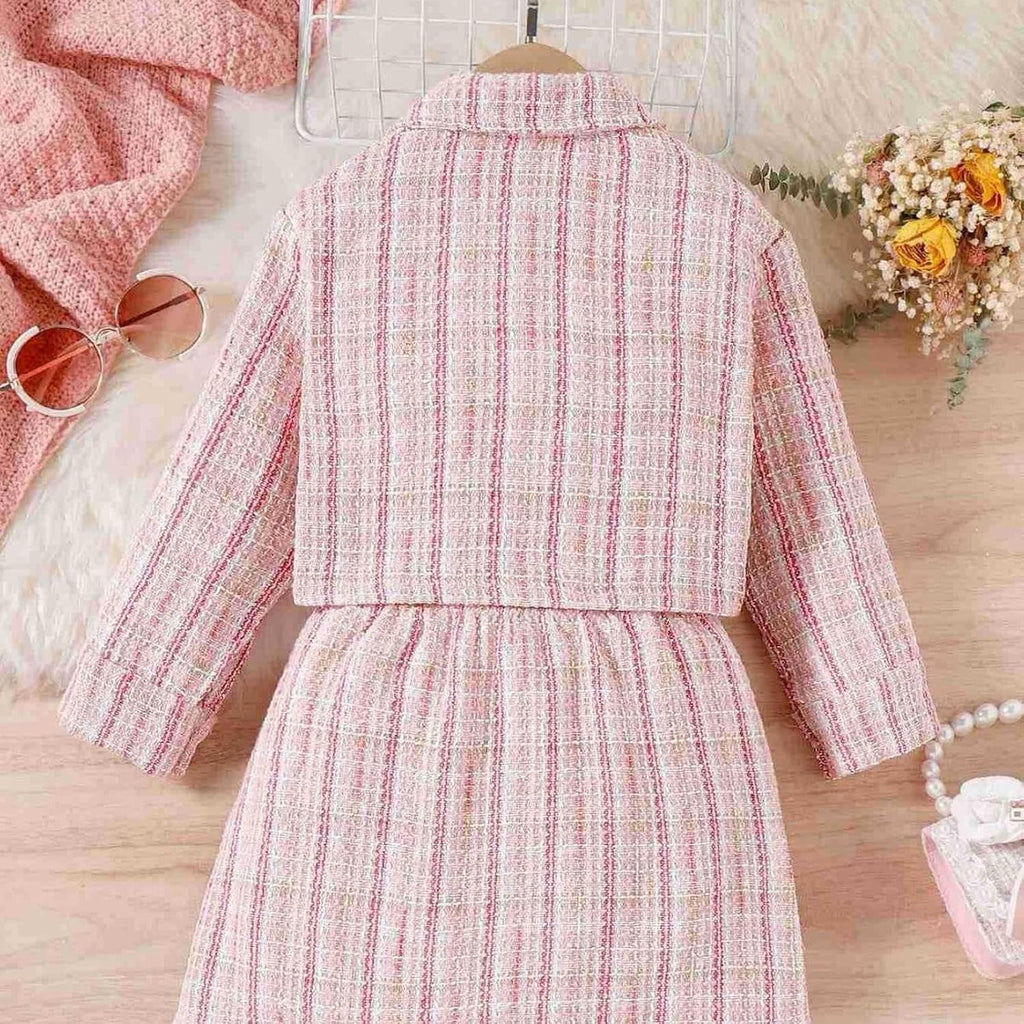 Toddler Girl Skirt Set Long Sleeve Knit Ribbed Turtleneck Shirt Tops+Mini Skirts+Plaid Tweed Jacket Winter Outfits