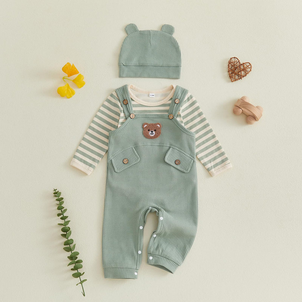 Newborn Infant Baby Boy Fall Outfits Striped Romper Overall Pants Set