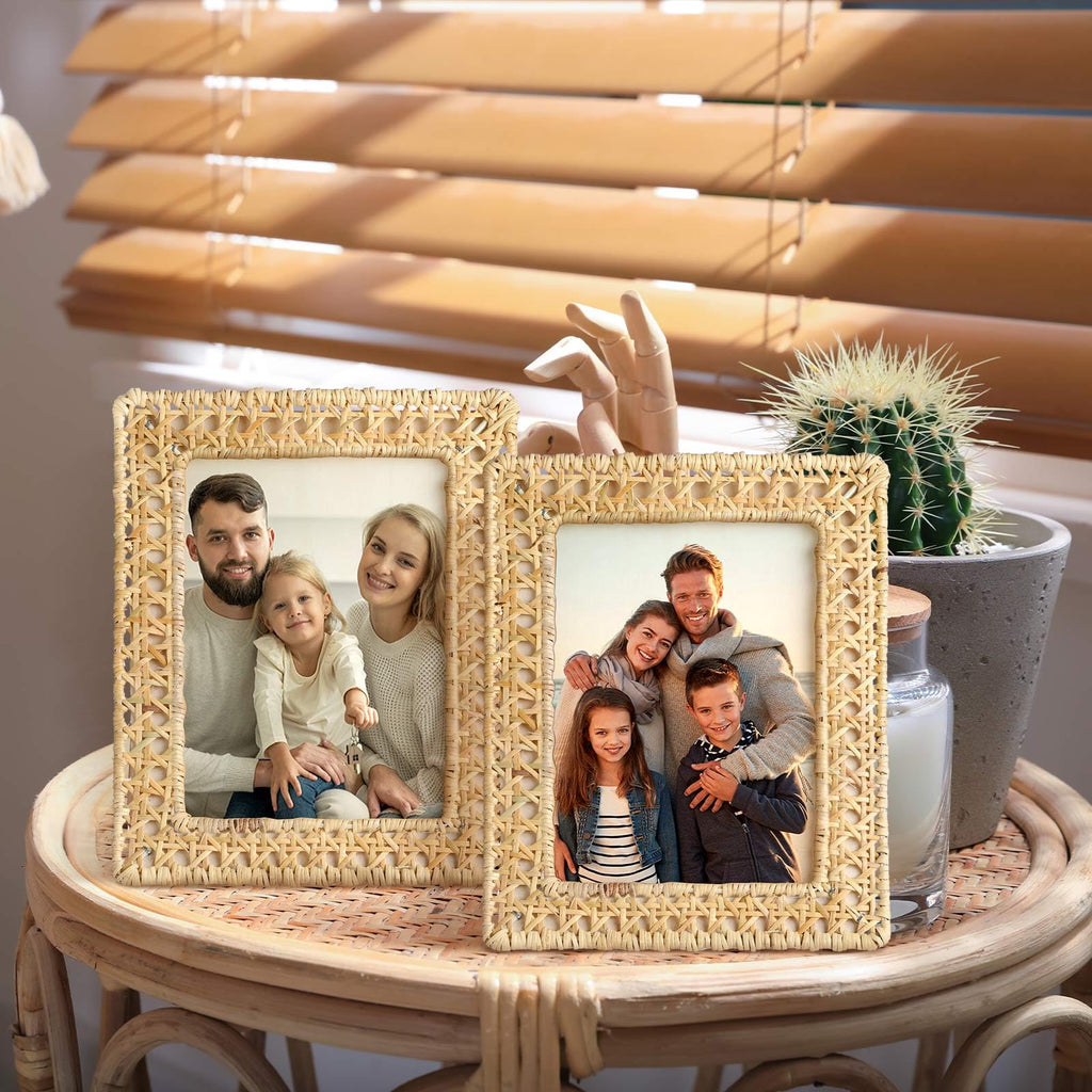 3pcs Boho Woven Rattan Picture Frame Set Rustic Wicker Photo Frames with Stand for Tabletop & Wall Display, Farmhouse