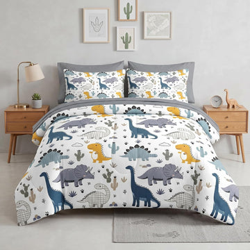 7 Pcs Comforter Set Full, Cute Dinosaur Dino Bedding for Kids Teen, Blue Yellow Dragon with Fitted Sheet 2