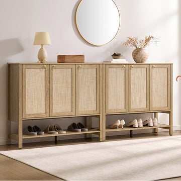 Rattan Shoe Cabinet with Storage, 30 Pairs Boho Shoe Organizer
