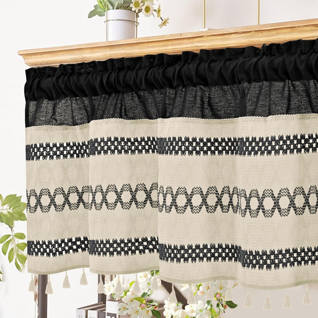 Farmhouse Linen Valance for Windows Boho Crochet Short Curtain with Tassel Country Black Valance for Kitchen Light