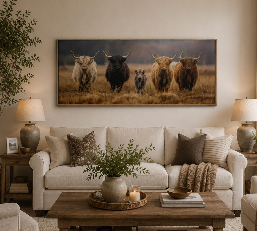 Framed Highland Cow Family Farmhouse Canvas Wall Art 16x32 Inch