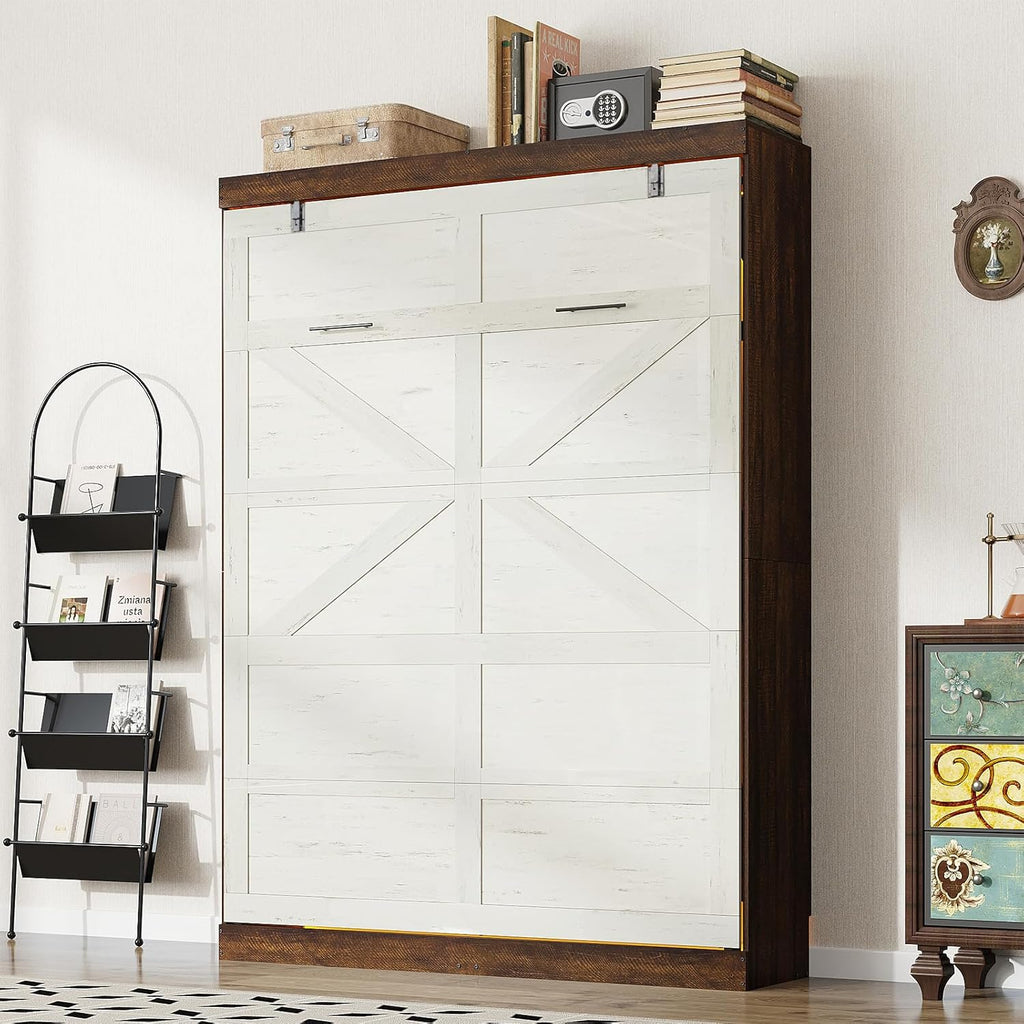 Queen Murphy Bed with 2 LED Lights, Farmhouse Wood Hidden Foldable Wall Bed Frame w/Gas Struts, Storage Bed Cabinet