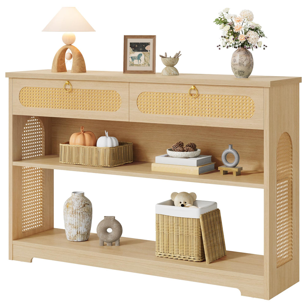 Rattan Console Table with 2 Drawers, 3-Tier Boho Woven Entryway Table with Back Panel and Open Storage Shelf, 40"