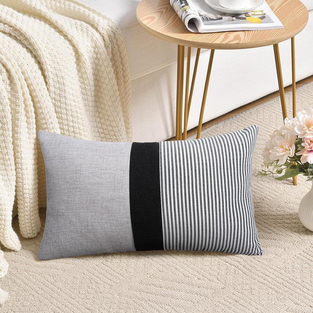 Set of 2 Stripe Pillow Covers 12x20 Inch Patchwork Farmhouse Decor