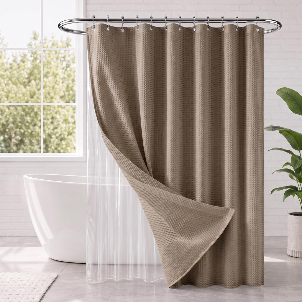 3 in 1 Waffle Shower Curtain & Liner Set, 258 GSM Heavy Duty Fabric, 12 Hooks, Weighted Hem, Water Repellent