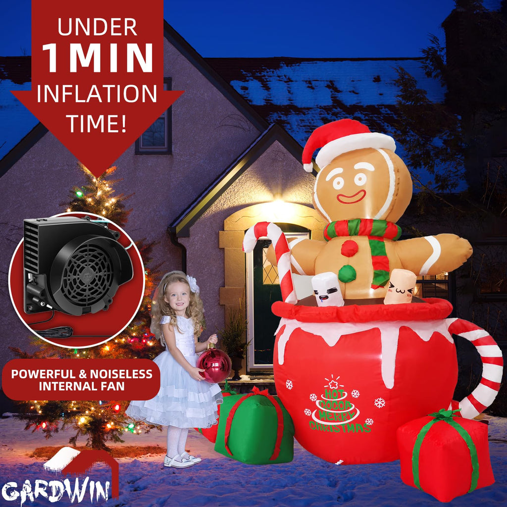 6ft Gingerbread Christmas Inflatable Outdoor Decoration, Christmas Outdoor Decoration Blow up Gingerbread Mug Yard