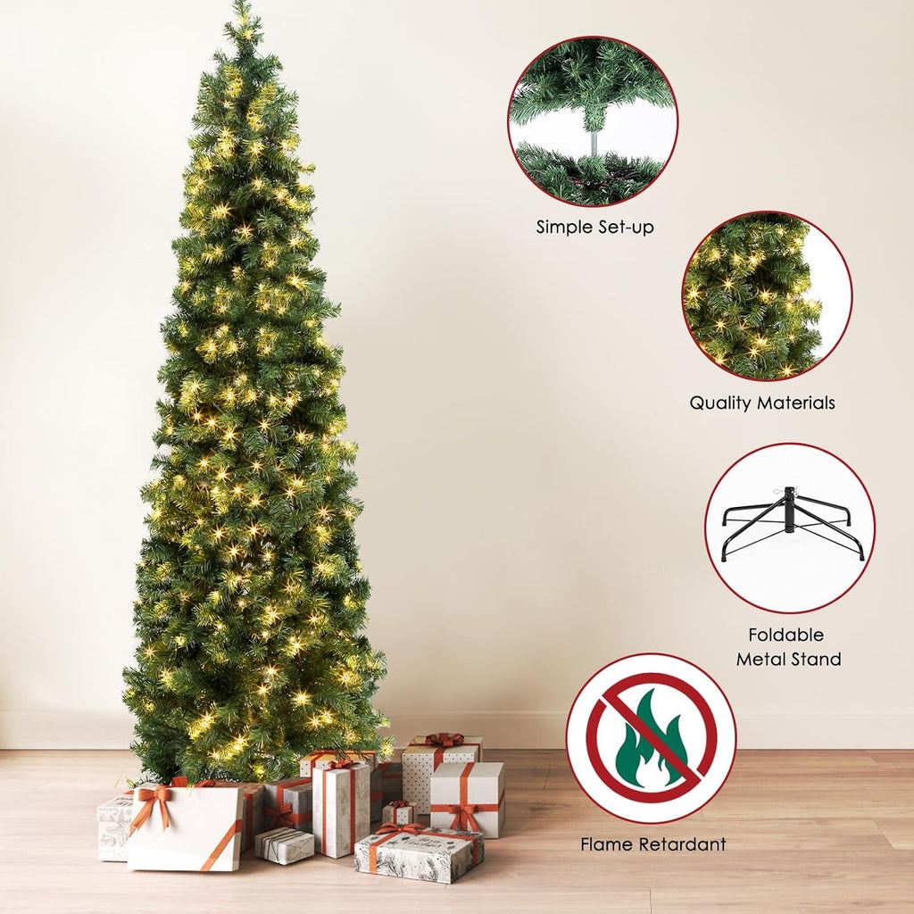 Pre-Lit Pencil Artificial Holiday Slim Christmas Tree with Warm Lights and Metal Base Stand , Party Decoration,Green
