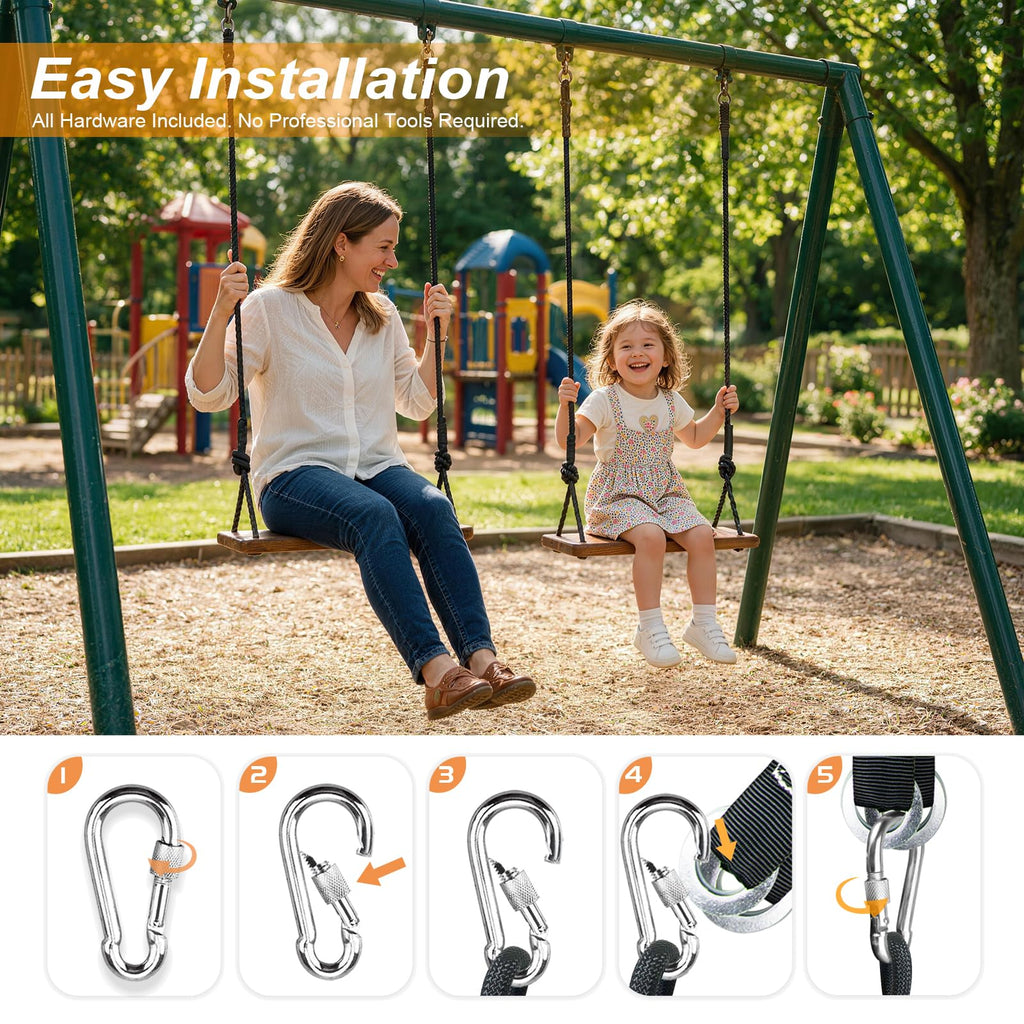 Hanging Wooden Tree Swing with Adjustable Climbing Rope & Tree Straps